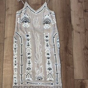 Maeve Beige Mini Dress with White & Black Embroidery